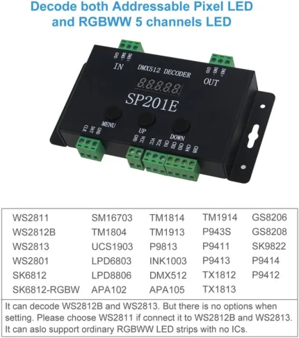 LED Strip Light SP201E DMX512 DC5-24V Remote Control Decoder Pixel RGB IC SPI Signal Addressable 5 Channel LED Controller Dimmer for WS2812B WS2811 LED Strips