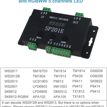 LED Strip Light SP201E DMX512 DC5-24V Remote Control Decoder Pixel RGB IC SPI Signal Addressable 5 Channel LED Controller Dimmer for WS2812B WS2811 LED Strips