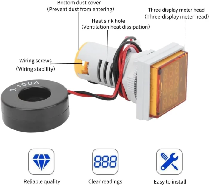 3 in 1 Yellow AC 60-500V 100A Voltmeter Ammeter Frequency Meter 22mm Signal Light LED Lamp Indicator with CT